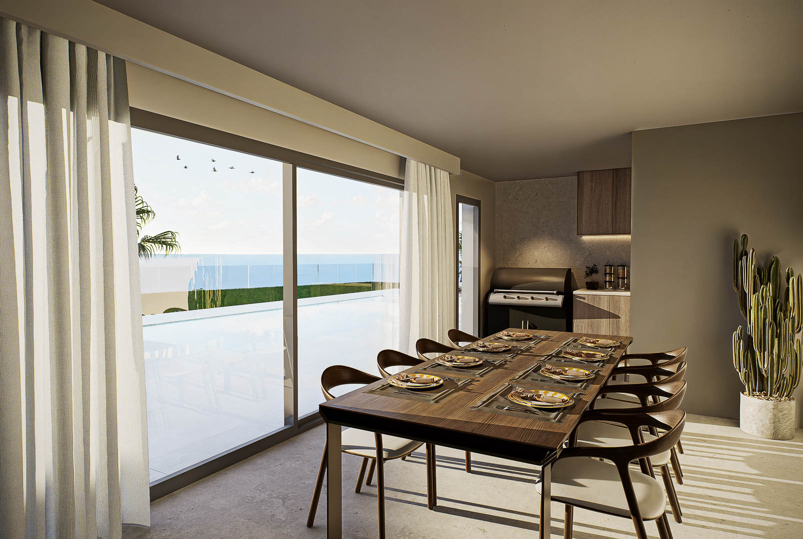 Sophisticated dining space featuring a wooden table for eight, connected to the infinity pool and Mediterranean views via floor-to-ceiling sliding glass doors.