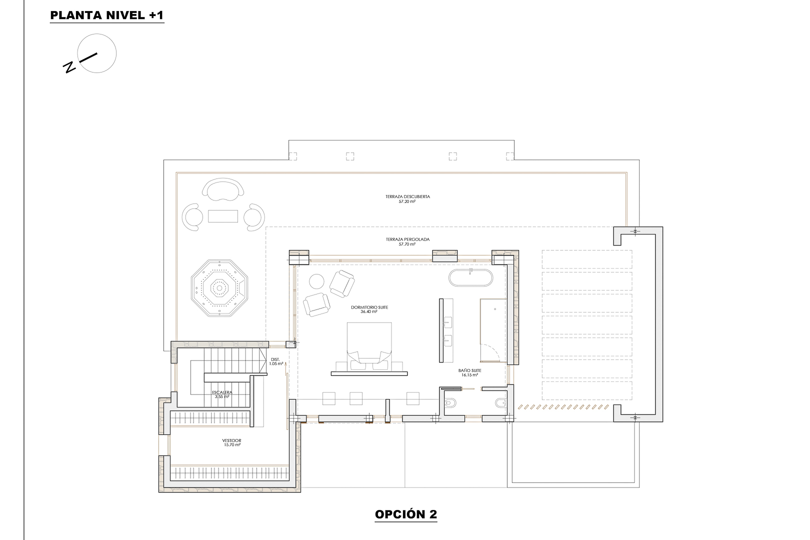 Technical floor plan of level +1, option 2, showing a 36 sqm master suite with walk-in closet, en-suite bathroom, and over 110 sqm of pergolated and open terrace space.