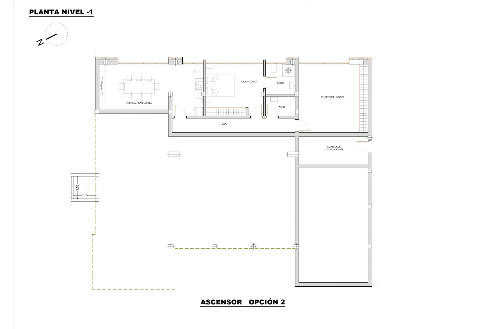 Technical floor plan of level -1 showing the layout of the kitchen-BBQ area, bedroom with ensuite, games room, and utility spaces.