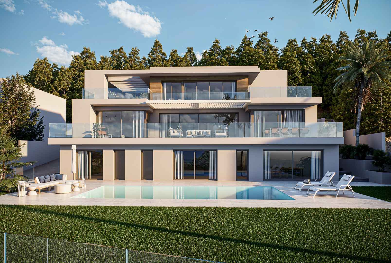 Three-level modern facade with large windows and glass terraces. Features a swimming pool, lounge area with sunbeds, and a lawn garden set against a forest.