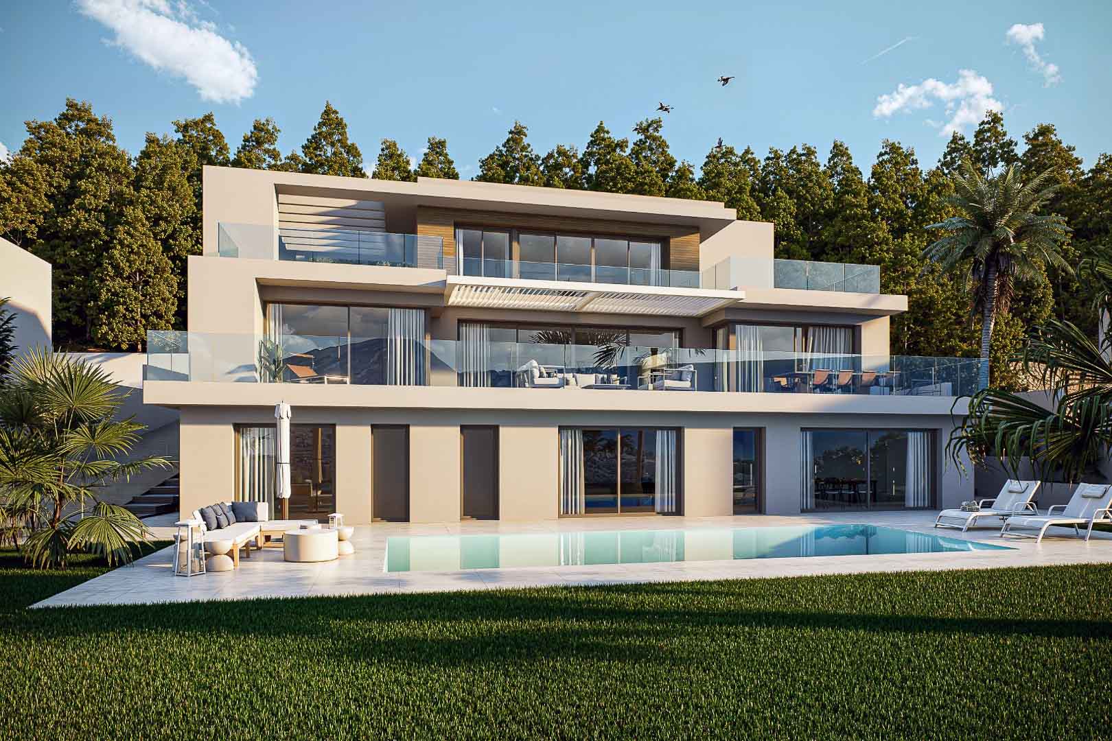 Three-level modern villa featuring expansive glass facades, tiered terraces with glass railings, and a rectangular pool set within a landscaped garden.