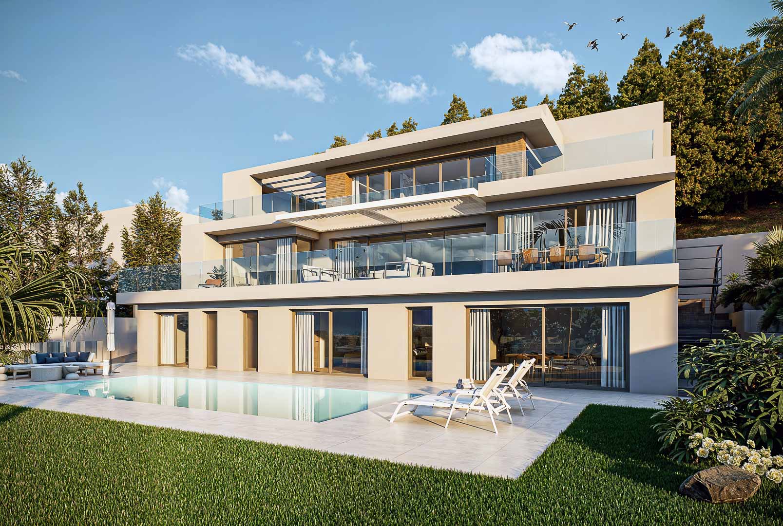 Three-story modern villa featuring expansive glass facades, glass-railed terraces, and an outdoor pool surrounded by porcelain tiling and manicured lawns.