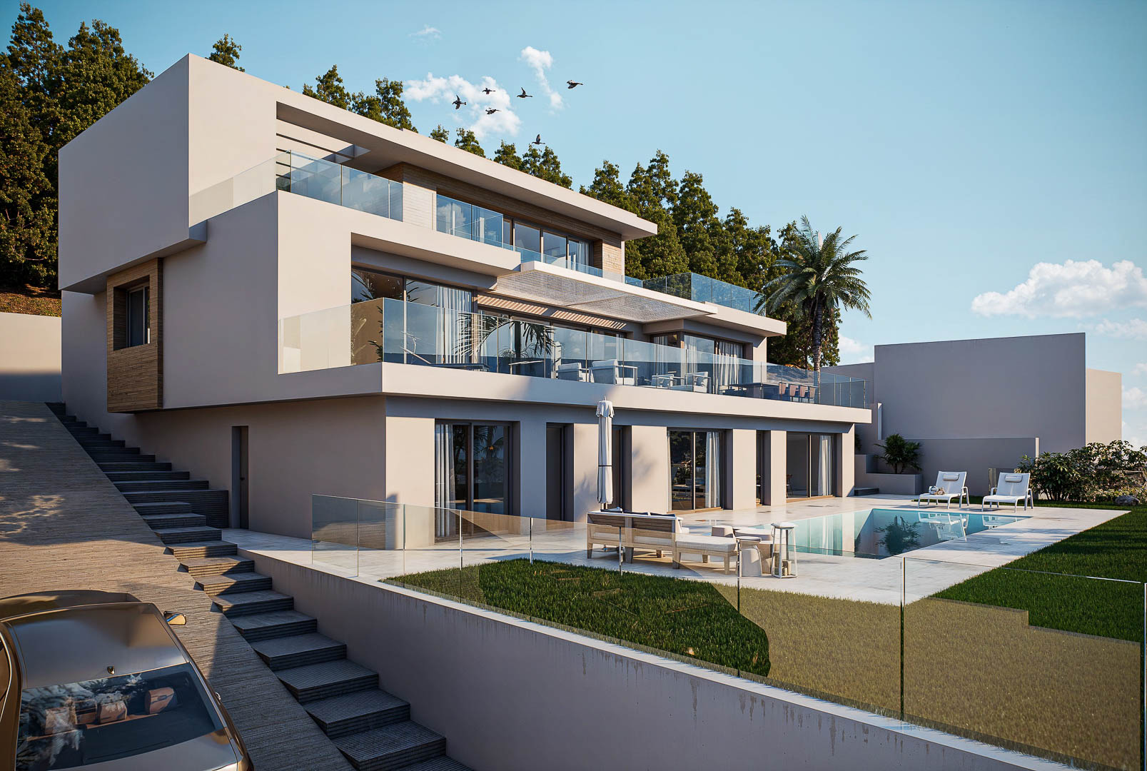 Three-story modern villa featuring minimalist architecture, expansive glass-railed terraces, and a private pool area with porcelain tiling and integrated lawn.