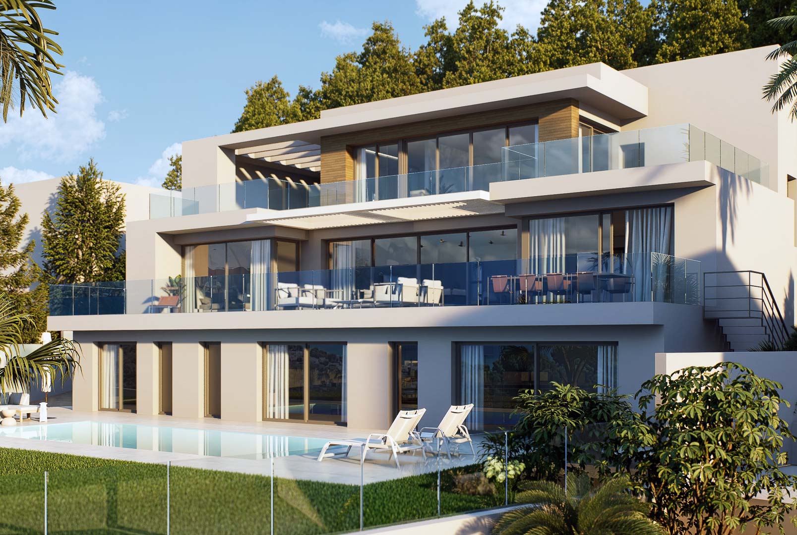 Three-story modern villa featuring tiered terraces with glass railings, expansive floor-to-ceiling windows, and a private pool area.