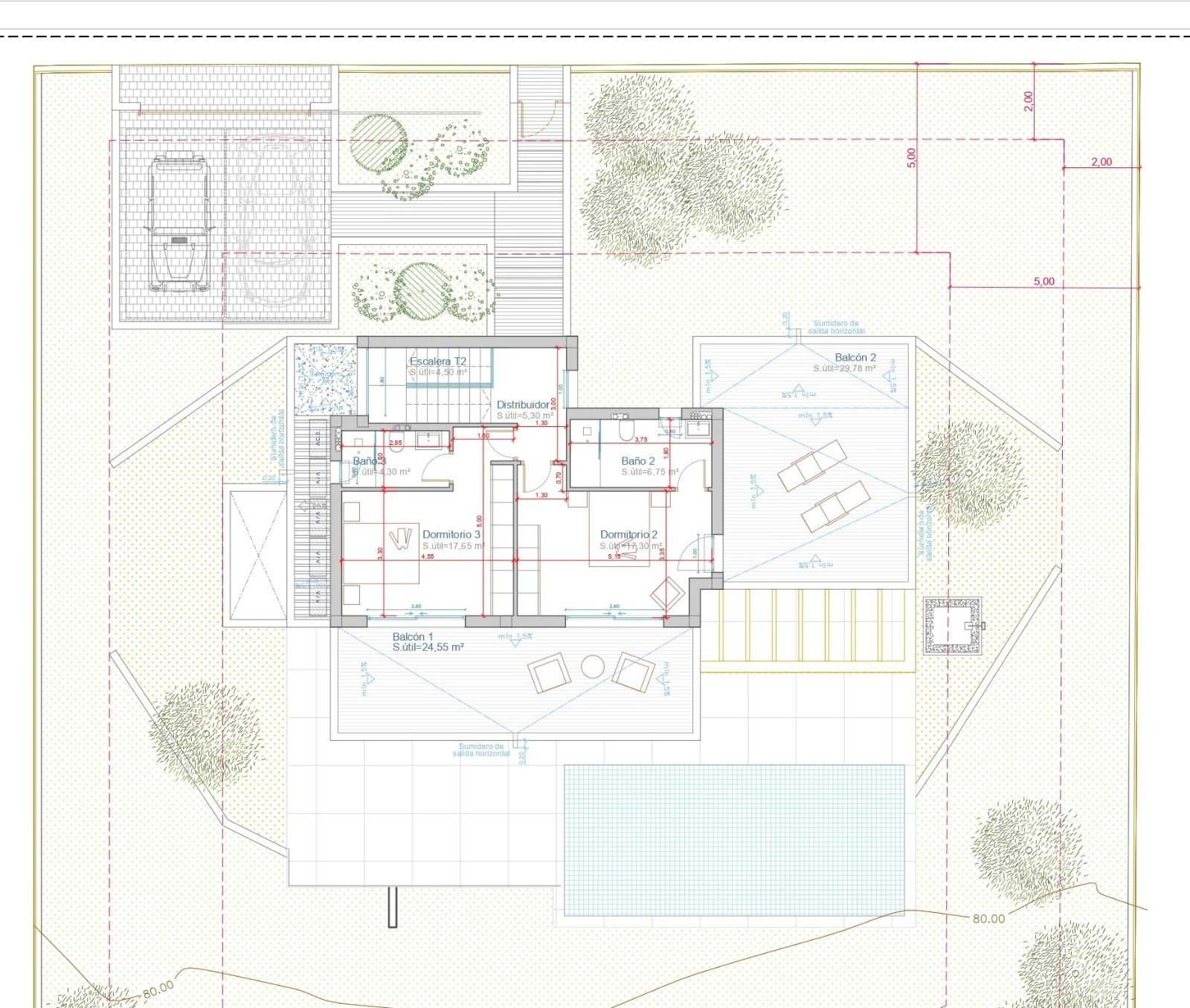 Detailed upper floor plan showing two bedrooms with en-suite bathrooms and large private balconies overlooking the pool and landscaped garden area.