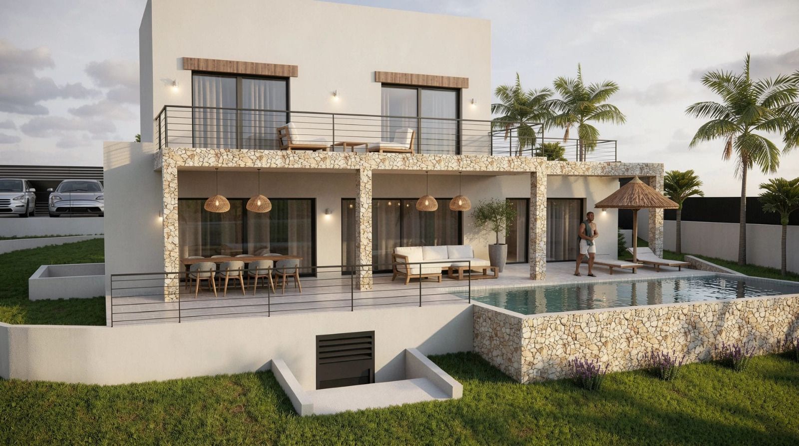 Exterior view featuring natural stone pillars, a spacious covered naya with dining and lounge areas, an infinity pool, and upper-level terraces with glass railings.