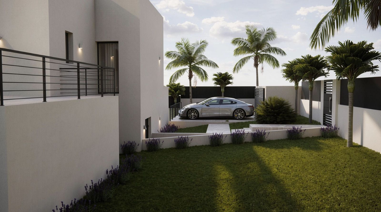 Exterior view of the modern facade featuring a tiered garden with lavender borders, palm trees, and a private parking area with integrated wall lighting.