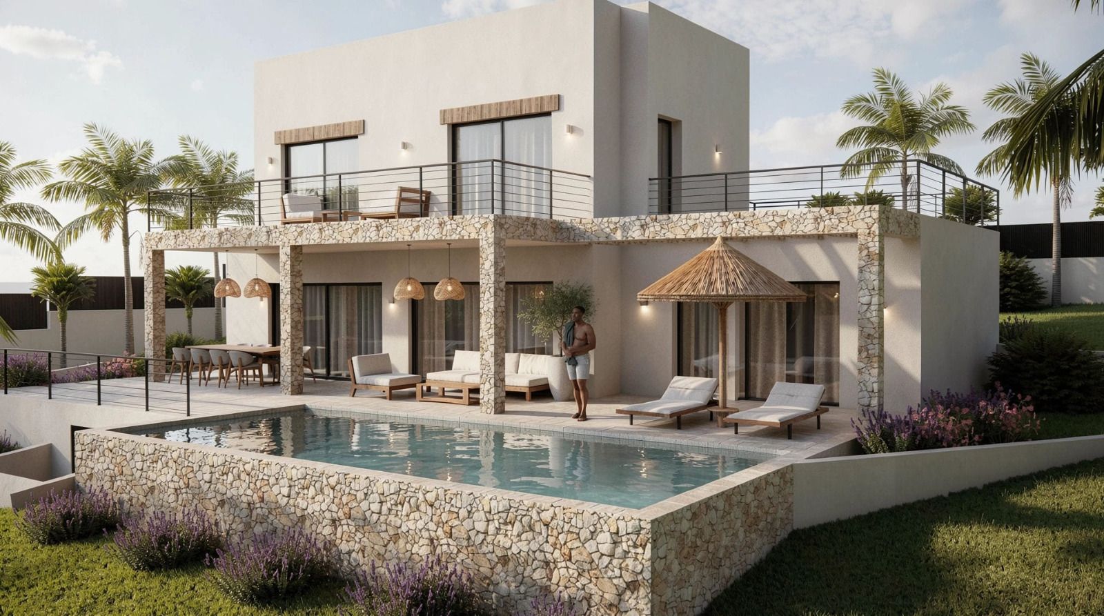 Modern villa exterior featuring a stone-clad swimming pool, a spacious covered terrace with masonry pillars, and an upper balcony overlooking the landscaped garden.