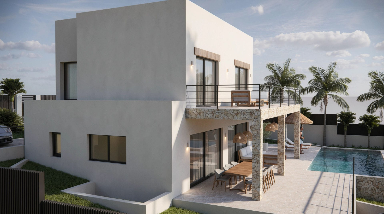 Modern villa exterior featuring white facades, natural stone pillars, a spacious covered terrace with outdoor dining, and a private pool set among palms.