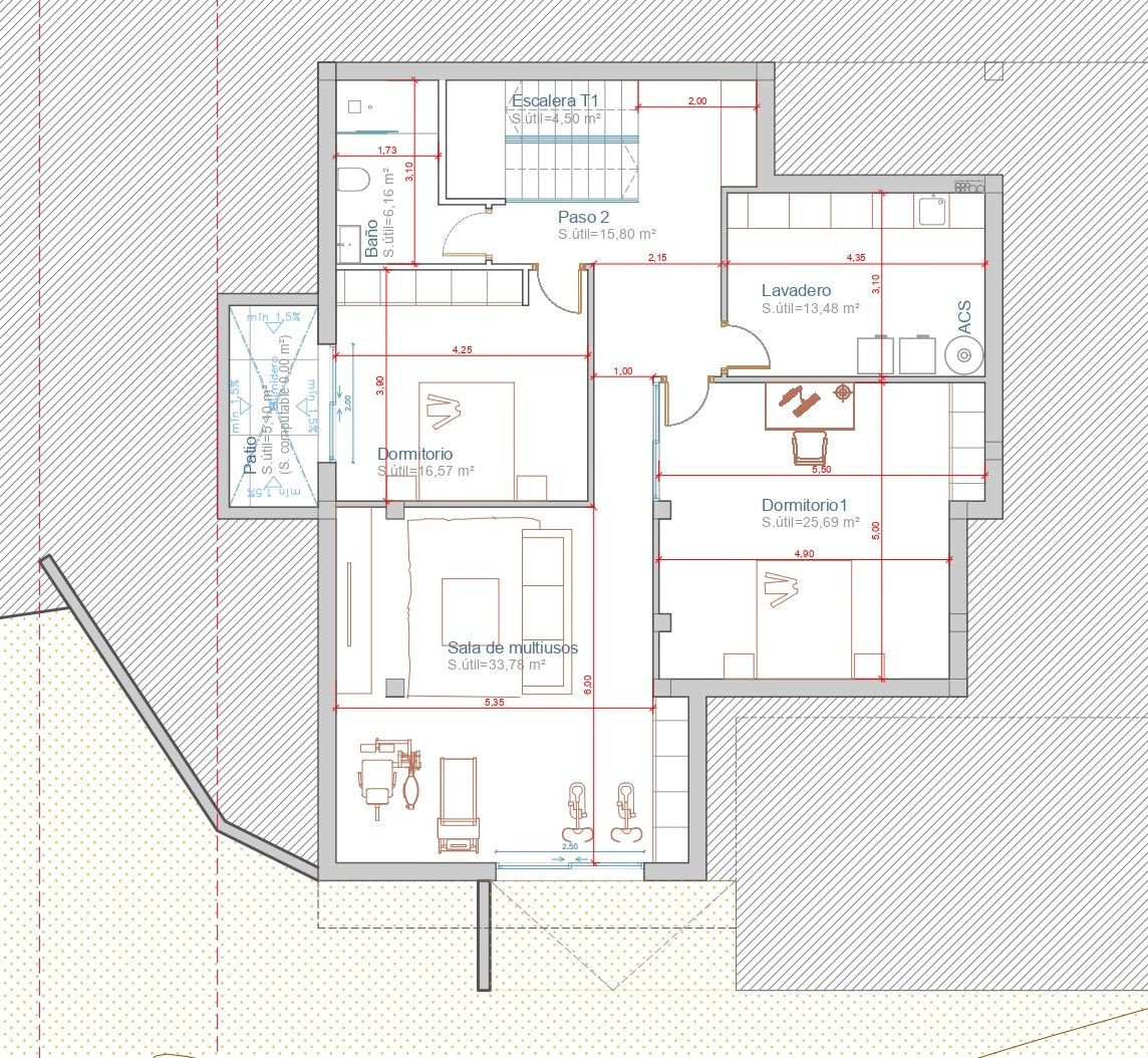 Technical floor plan of the basement level, featuring two bedrooms, a bathroom, laundry room, and a spacious 33.78 sqm multi-purpose hall.