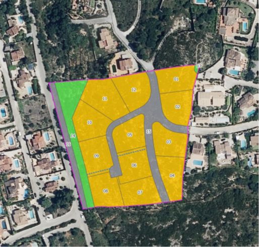 Aerial site plan overlaying a satellite view, showing the distribution of 12 residential plots and internal access roads in an established area of Jávea.