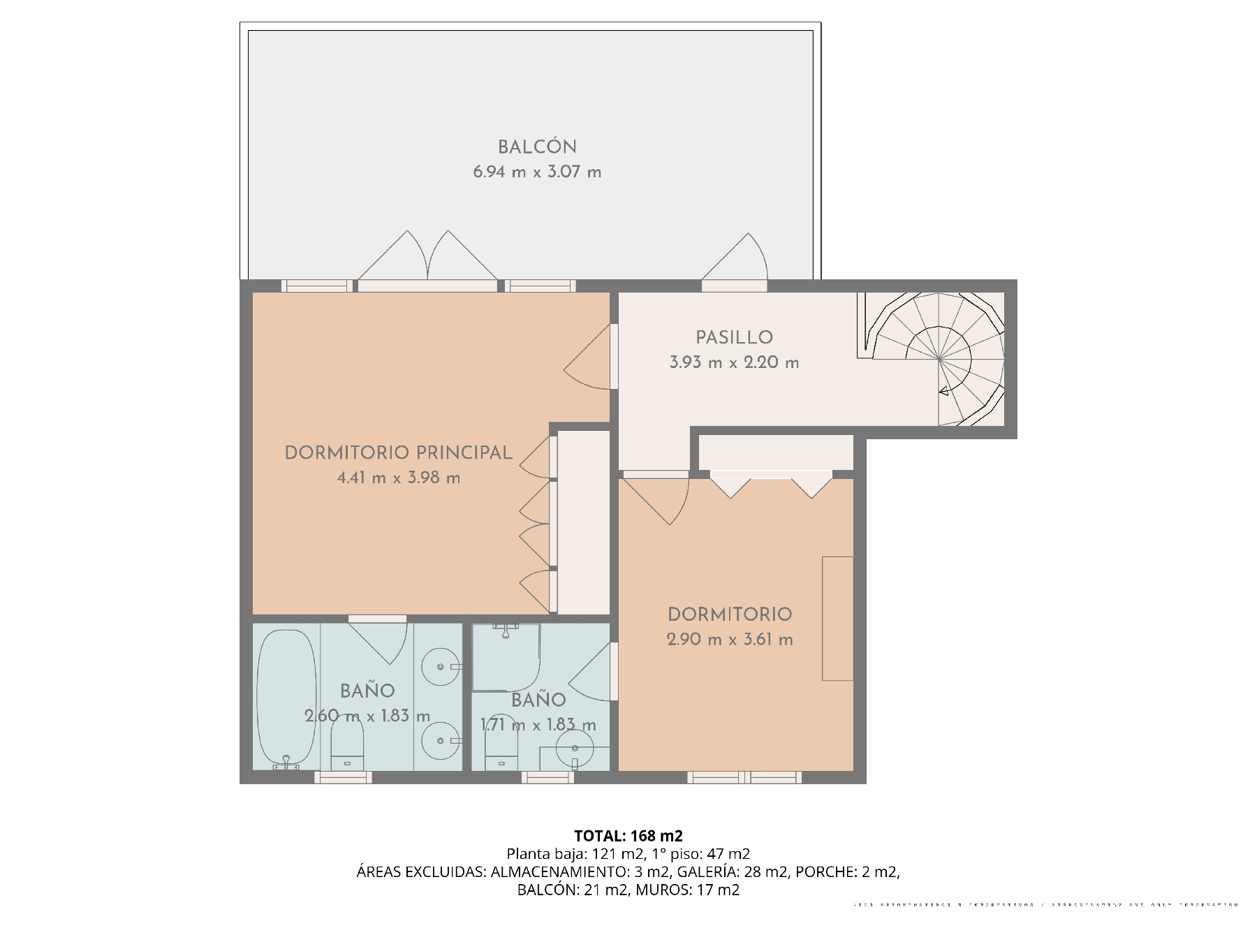 Detailed floor plan of the upper level featuring a master suite, a second en-suite bedroom, and a spacious 21 m² balcony with external access.