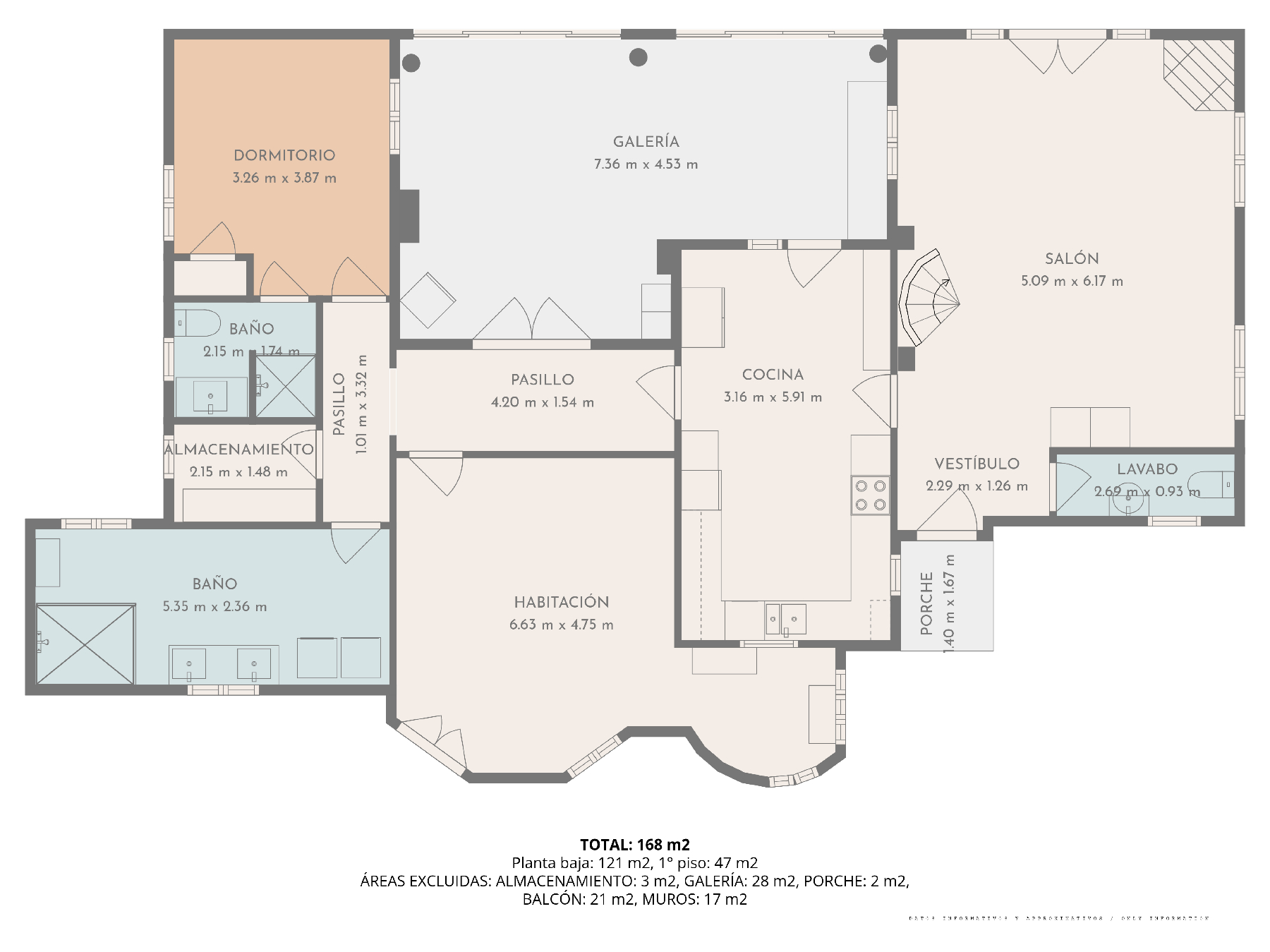 Technical floor plan of the 121 m² ground floor, detailing the layout of the living room, kitchen, and bedrooms with precise measurements for a total of 168 m².
