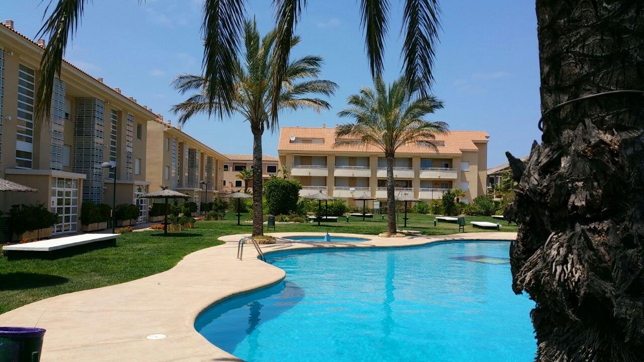 Communal area featuring a large curved swimming pool, manicured lawns, and palm trees set against the backdrop of the residential complex.