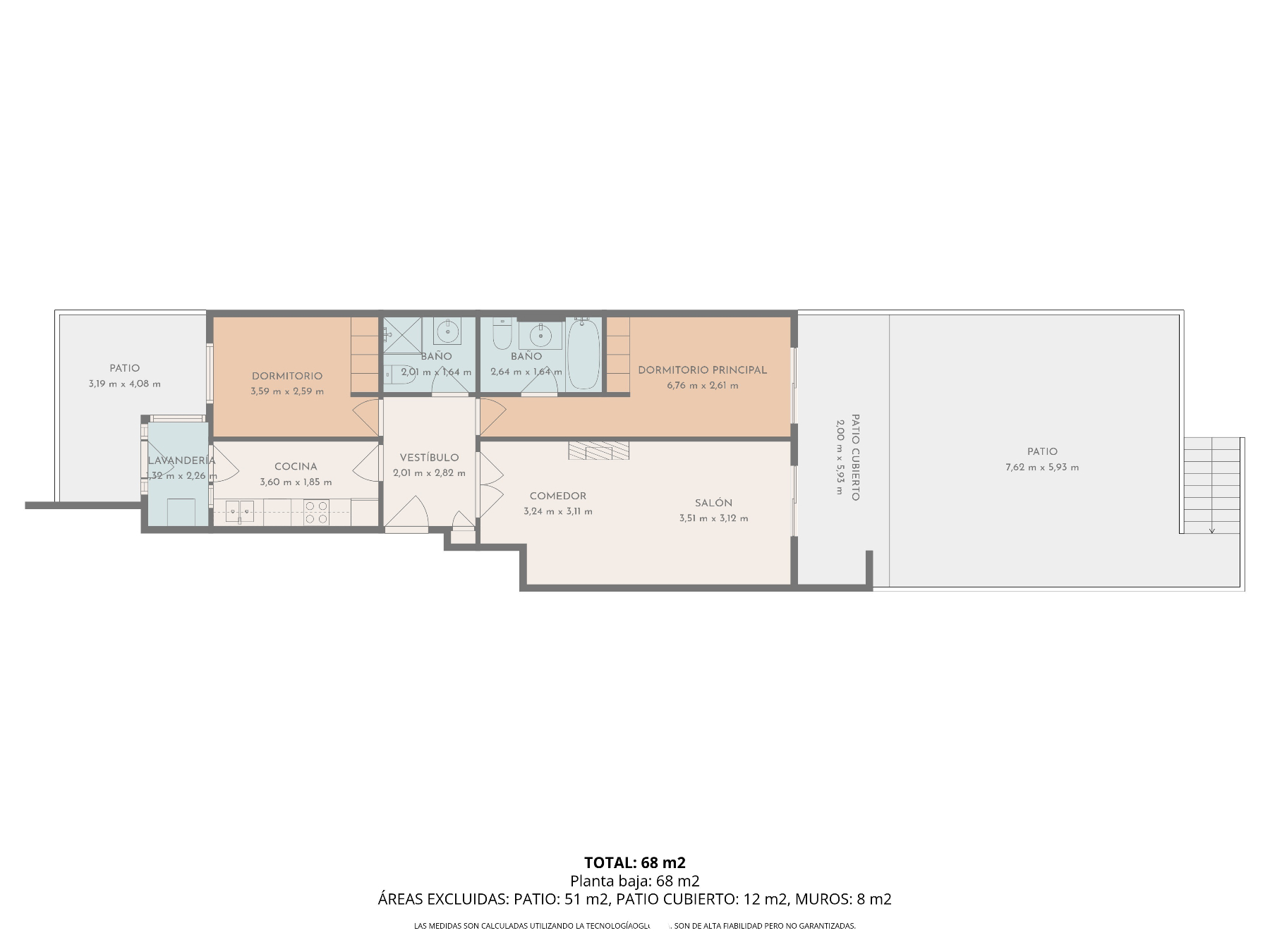 Detailed ground floor plan illustrating the layout of 2 bedrooms, 2 bathrooms, living-dining area, and two expansive private patios.