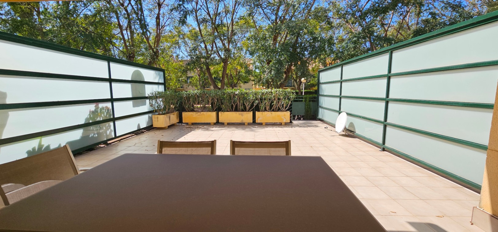 Private tiled terrace featuring frosted glass privacy screens, integrated planters with greenery, and a backdrop of mature trees providing natural shade.
