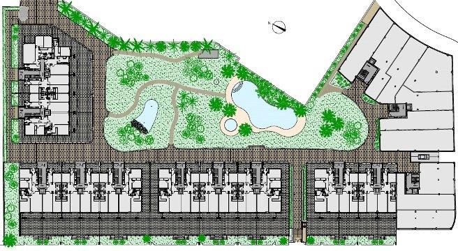 Site plan of the residential complex illustrating the building layout, central landscaped gardens, and communal swimming pools.