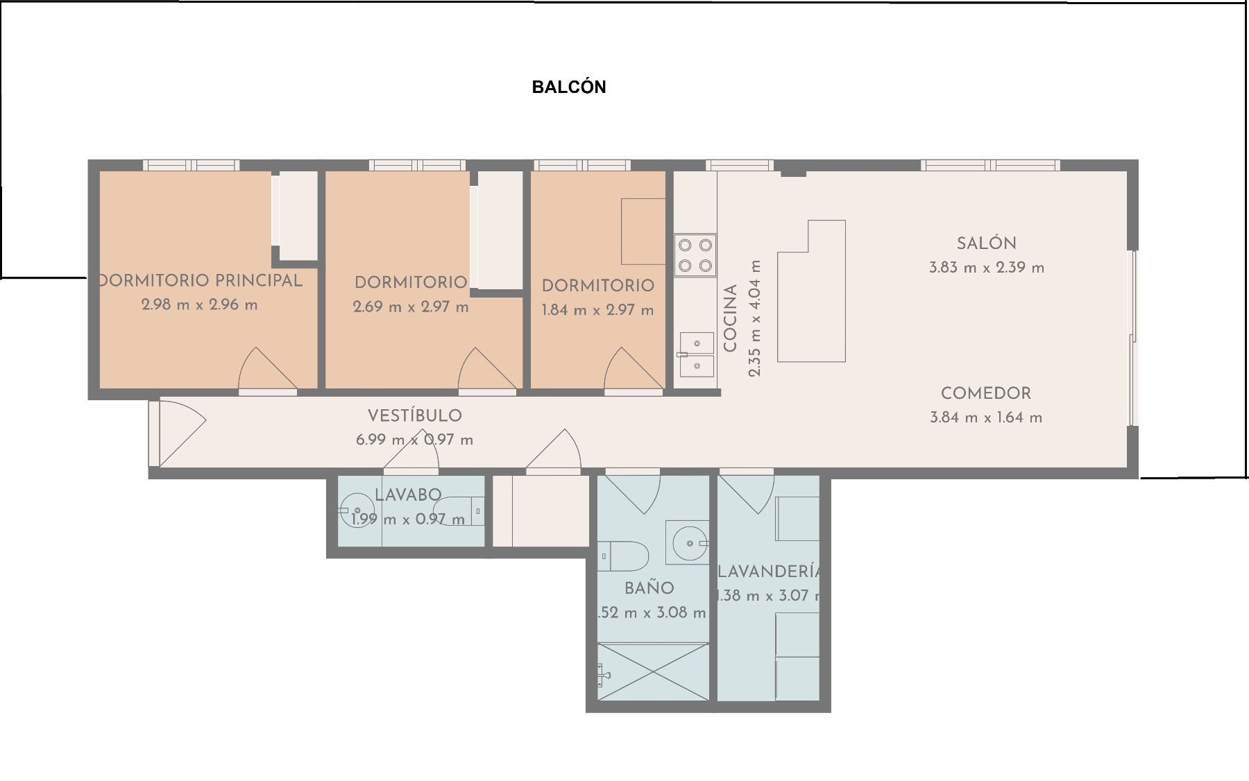 Detailed 84 m² floor plan illustrating the layout of three bedrooms, an open-concept living area with kitchen, and a spacious wrap-around balcony.