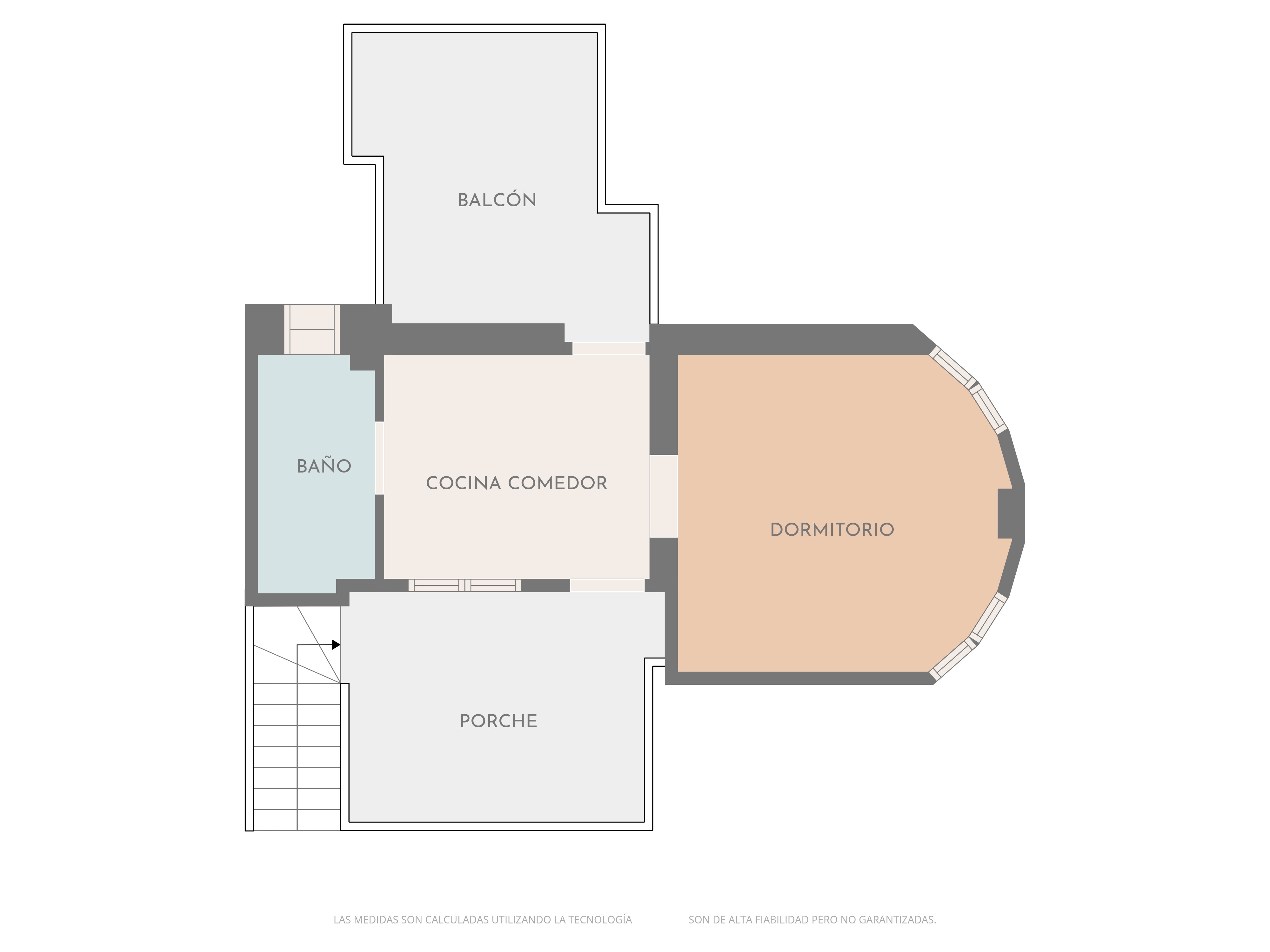 Detailed floor plan illustrating the layout including a kitchen-dining area, a curved-wall bedroom, a full bathroom, an entrance porch, and a balcony.