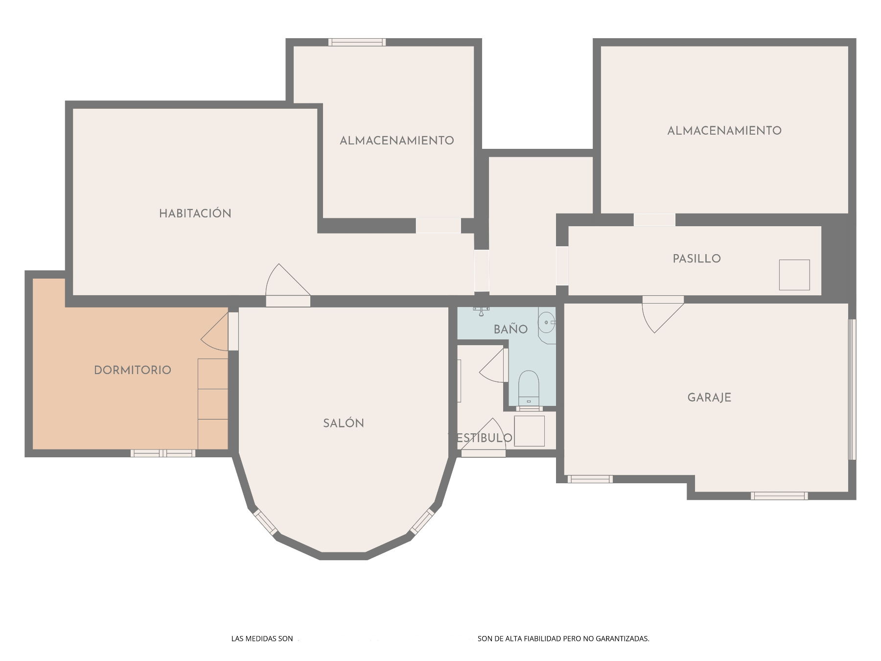 Detailed floor plan illustrating the property layout, featuring a curved living room, bedroom, integrated garage, and extensive storage spaces.