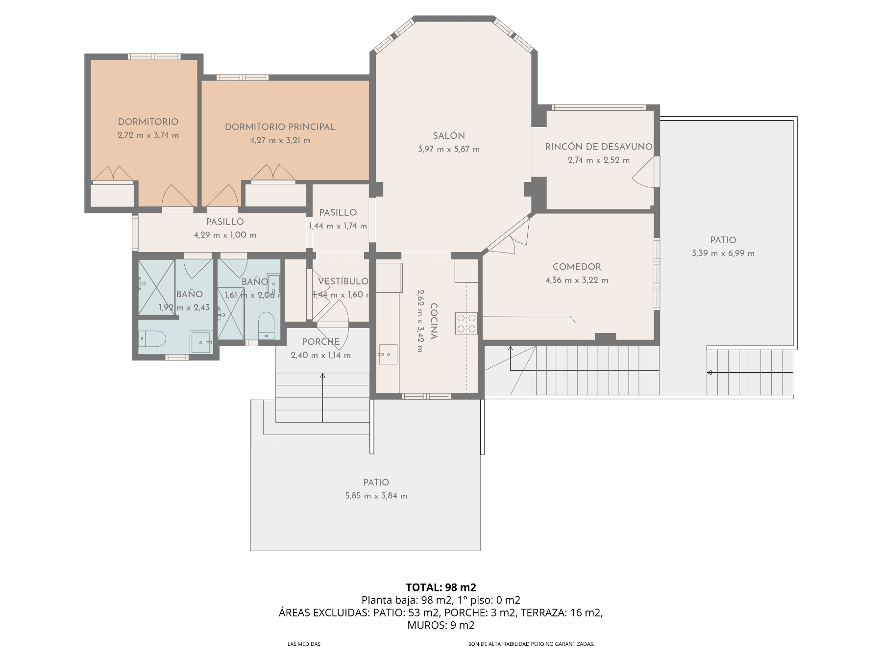 Detailed floor plan of the 98 m² ground floor, illustrating the layout of two bedrooms, living room, kitchen, dining area, and extensive outdoor patio spaces with dimensions.