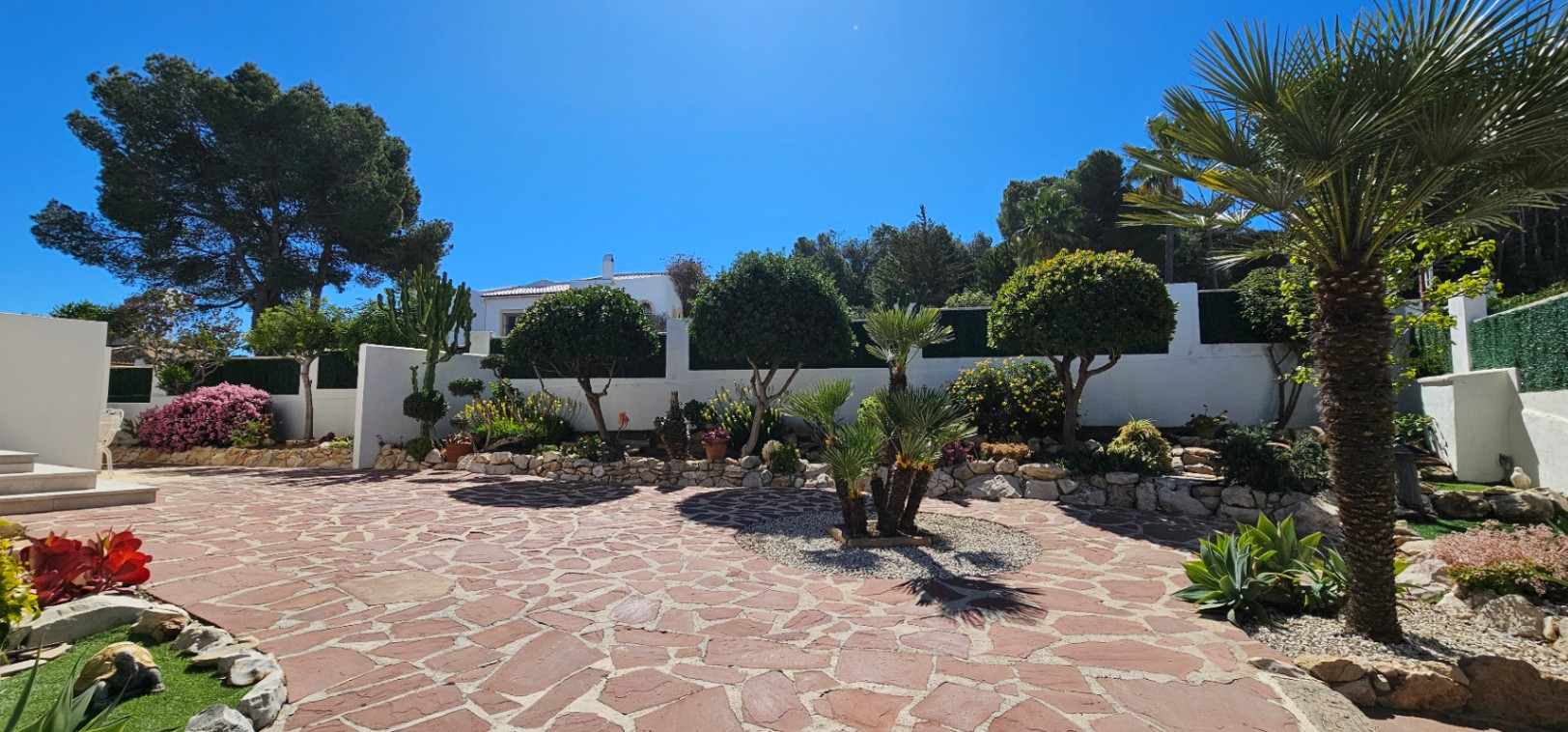 Exterior patio featuring irregular natural stone paving, bordered by landscaped garden beds with palms, succulents, and Mediterranean shrubs.