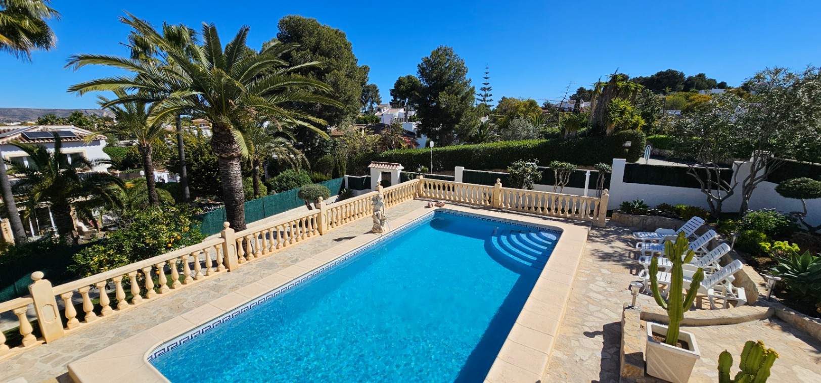 Rectangular swimming pool featuring Roman steps, set within a stone-paved terrace with classic balustrades and mature palm trees in a Mediterranean garden.