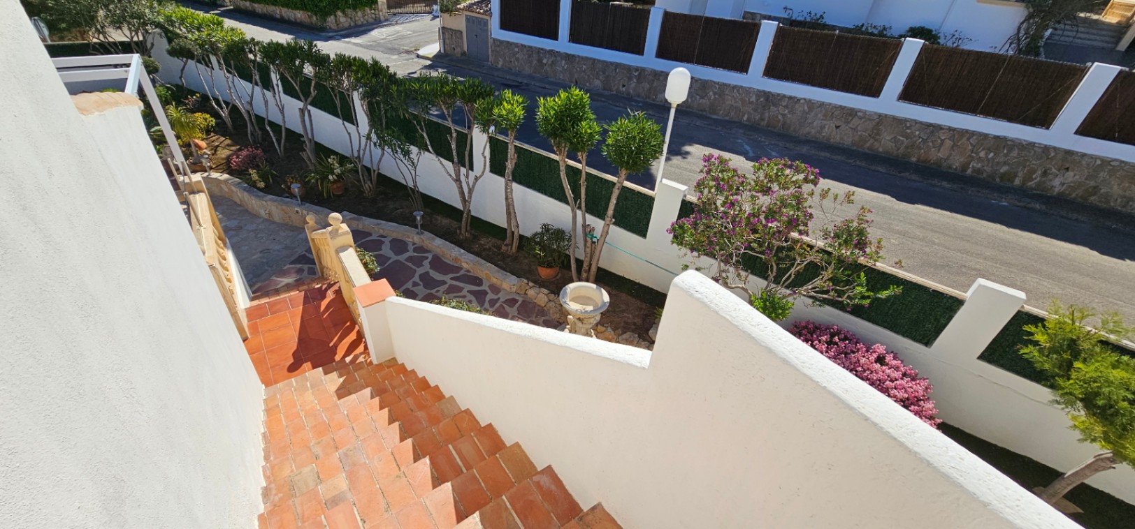 Terracotta outdoor stairs leading down to a natural stone path, bordered by a landscaped garden with ornamental trees and white perimeter walls.