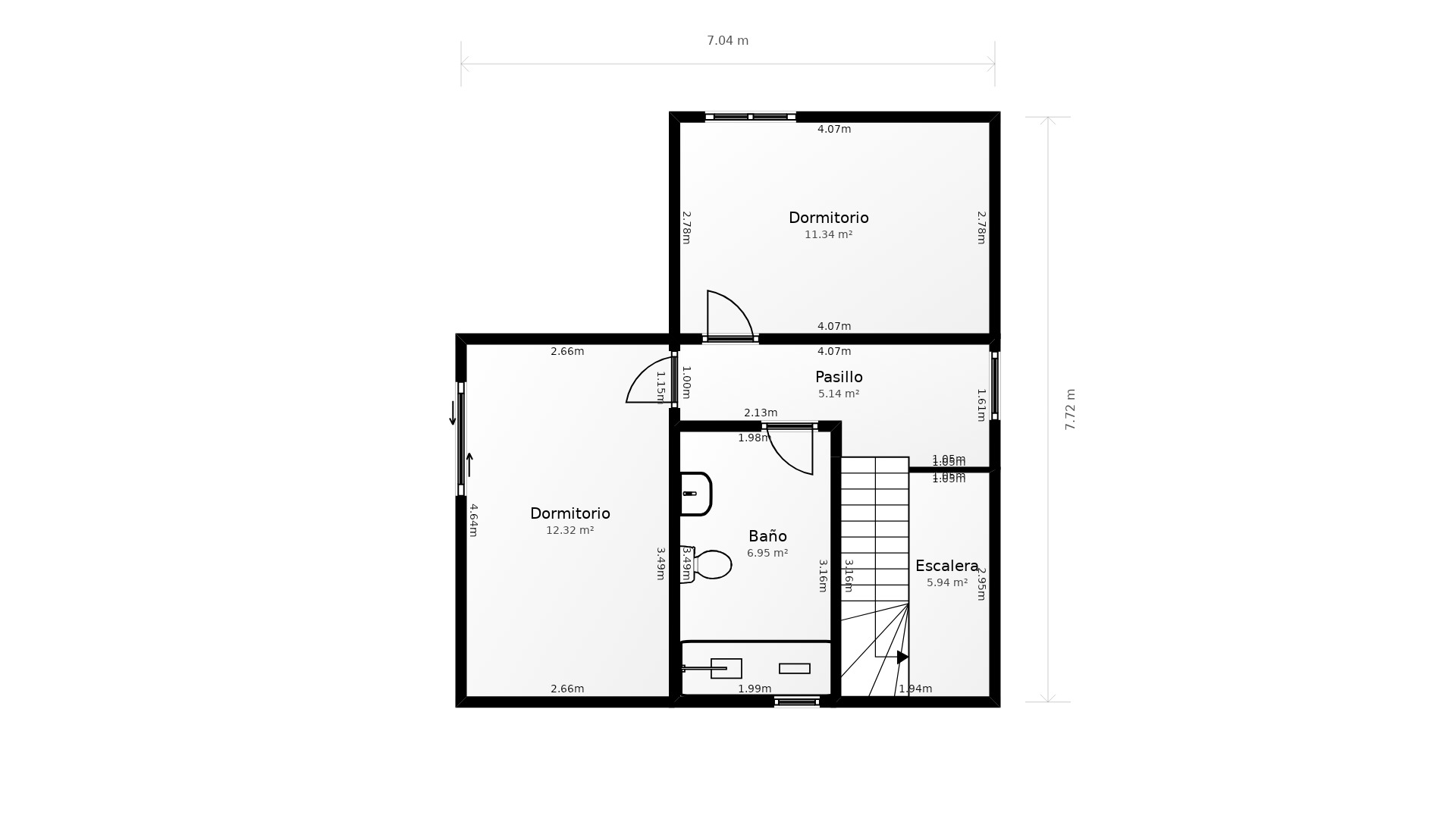 Detailed floor plan of the upper level featuring two bedrooms, a central bathroom, a hallway, and the staircase with exact dimensions and areas.