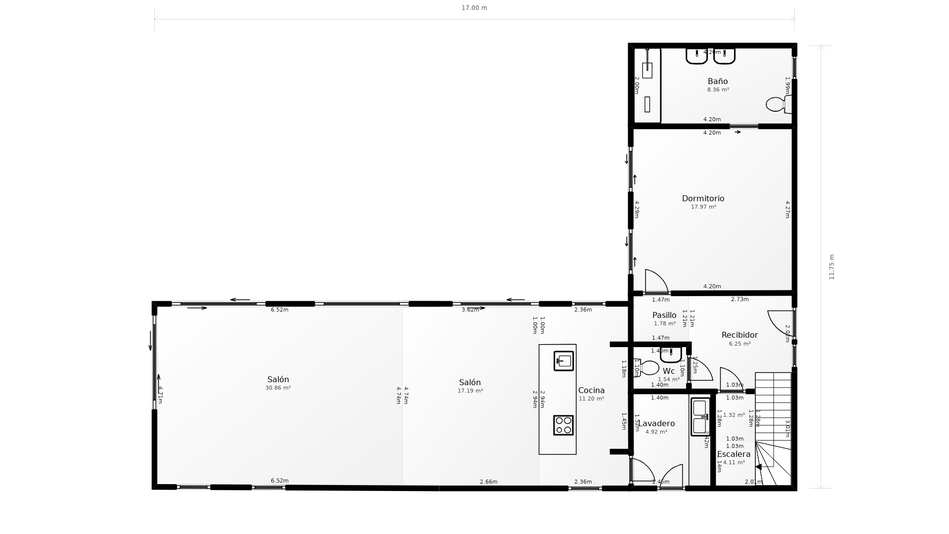 Detailed ground floor plan illustrating the fluid layout of the living-dining area, kitchen with island, master suite with en-suite bathroom, and functional laundry zone.