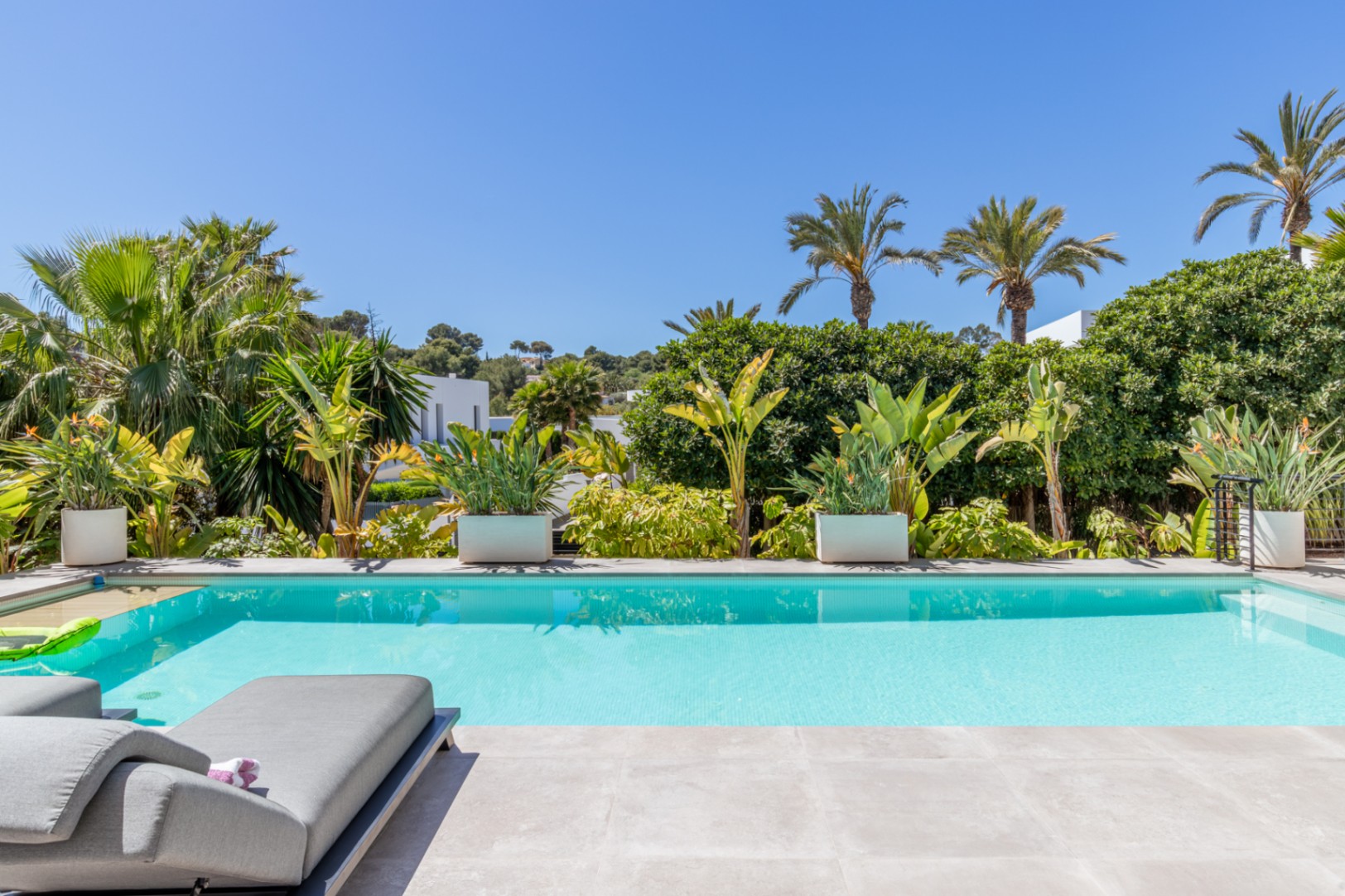 Rectangular swimming pool featuring a light stone terrace, framed by mature Mediterranean greenery and palms for complete privacy under a clear sky.