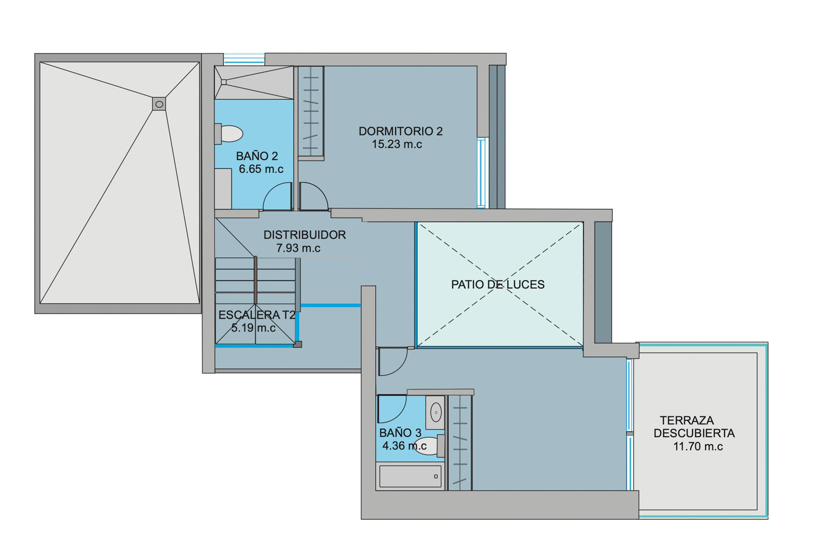 Detailed floor plan of the upper floor featuring the second bedroom, two bathrooms, a hallway, and an 11.70 m² open terrace with sea view access.
