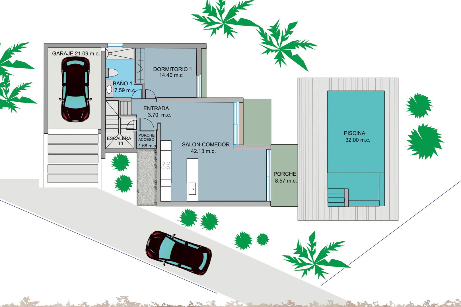 Detailed ground floor plan featuring the open-plan living area, a double bedroom, garage, and the outdoor terrace with a 32 sqm swimming pool.