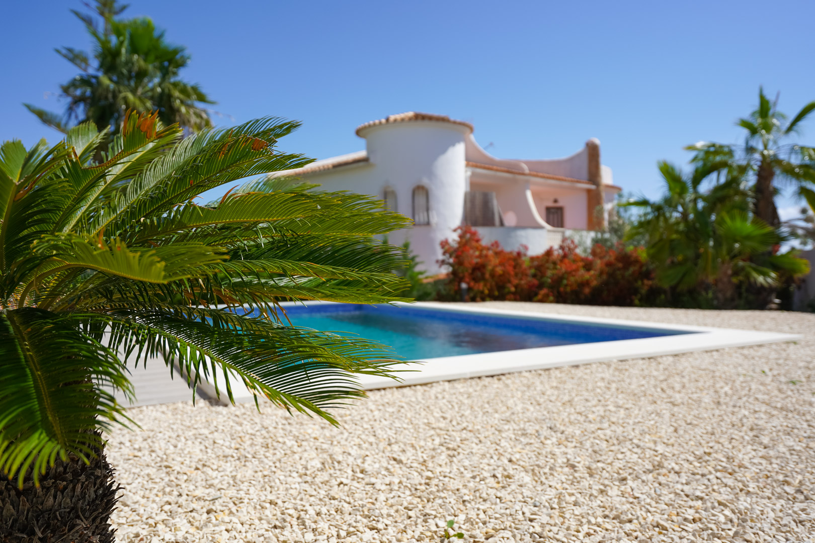 Outdoor swimming pool area with white gravel surfacing and palm trees, featuring the Mediterranean-style villa architecture in the background.