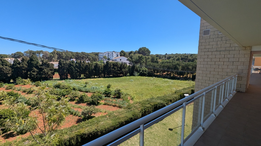 View from the tiled terrace with a glass railing, overlooking open green landscapes and a line of cypress trees under a clear sky.