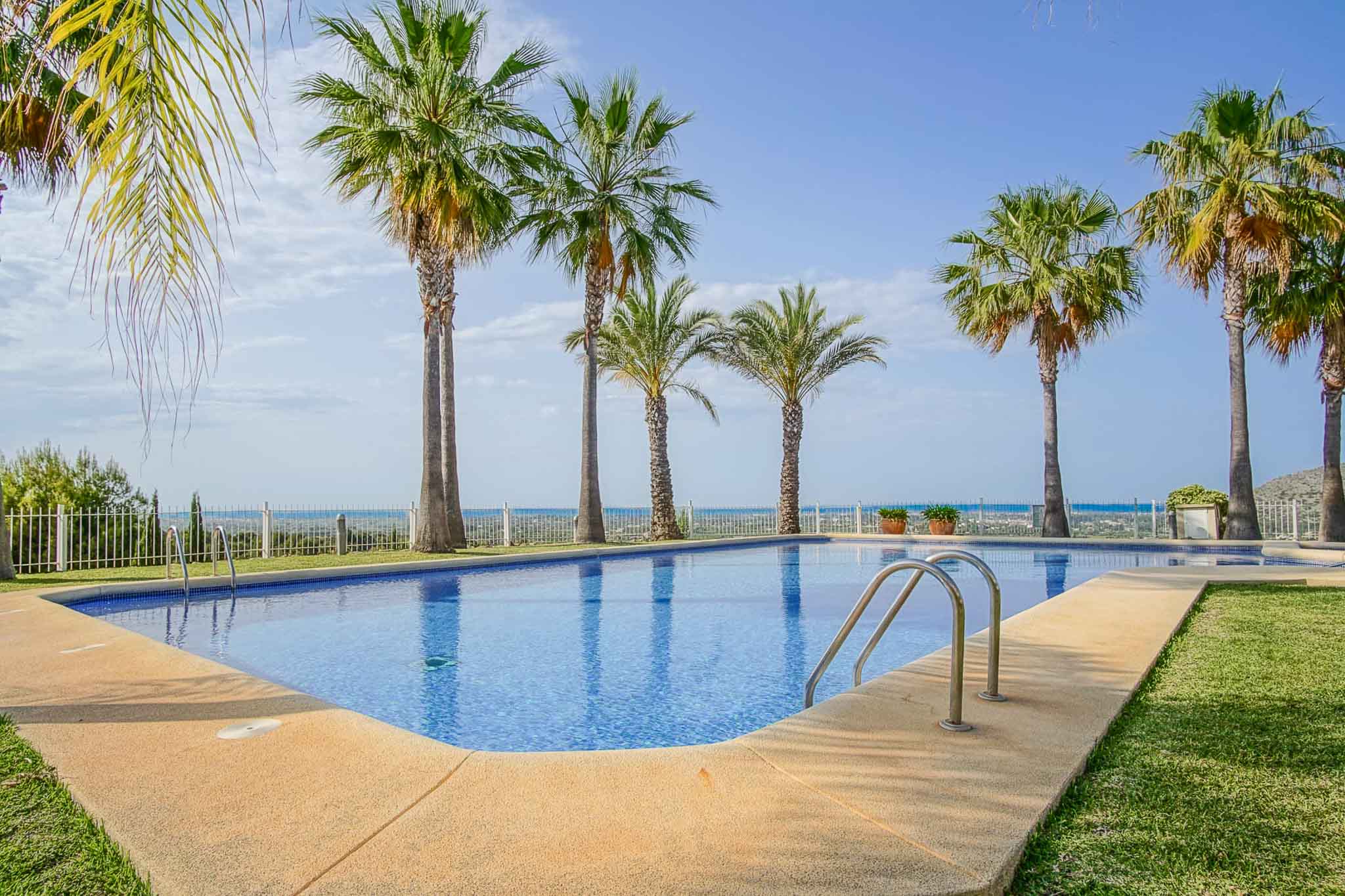 Large rectangular communal pool with blue tiling, featuring a stone sun deck, manicured lawn, and tall palm trees overlooking the Mediterranean coastline.