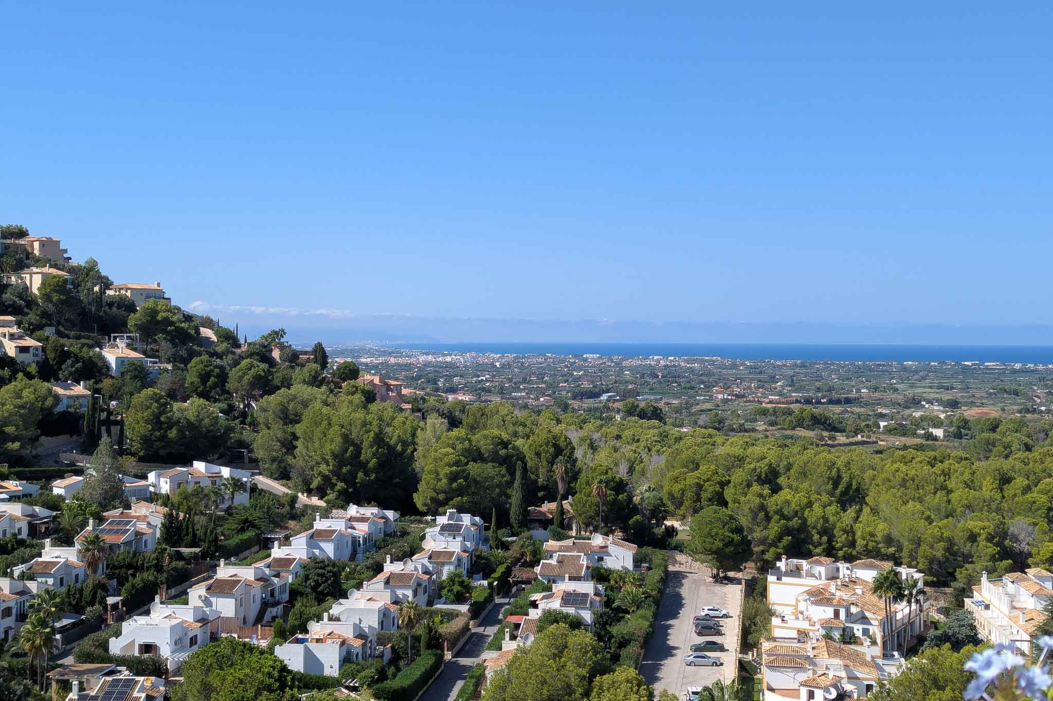 Panoramic views from La Sella towards the Dénia coastline, featuring Mediterranean architecture nestled among lush pine forests with the sea visible on the horizon.