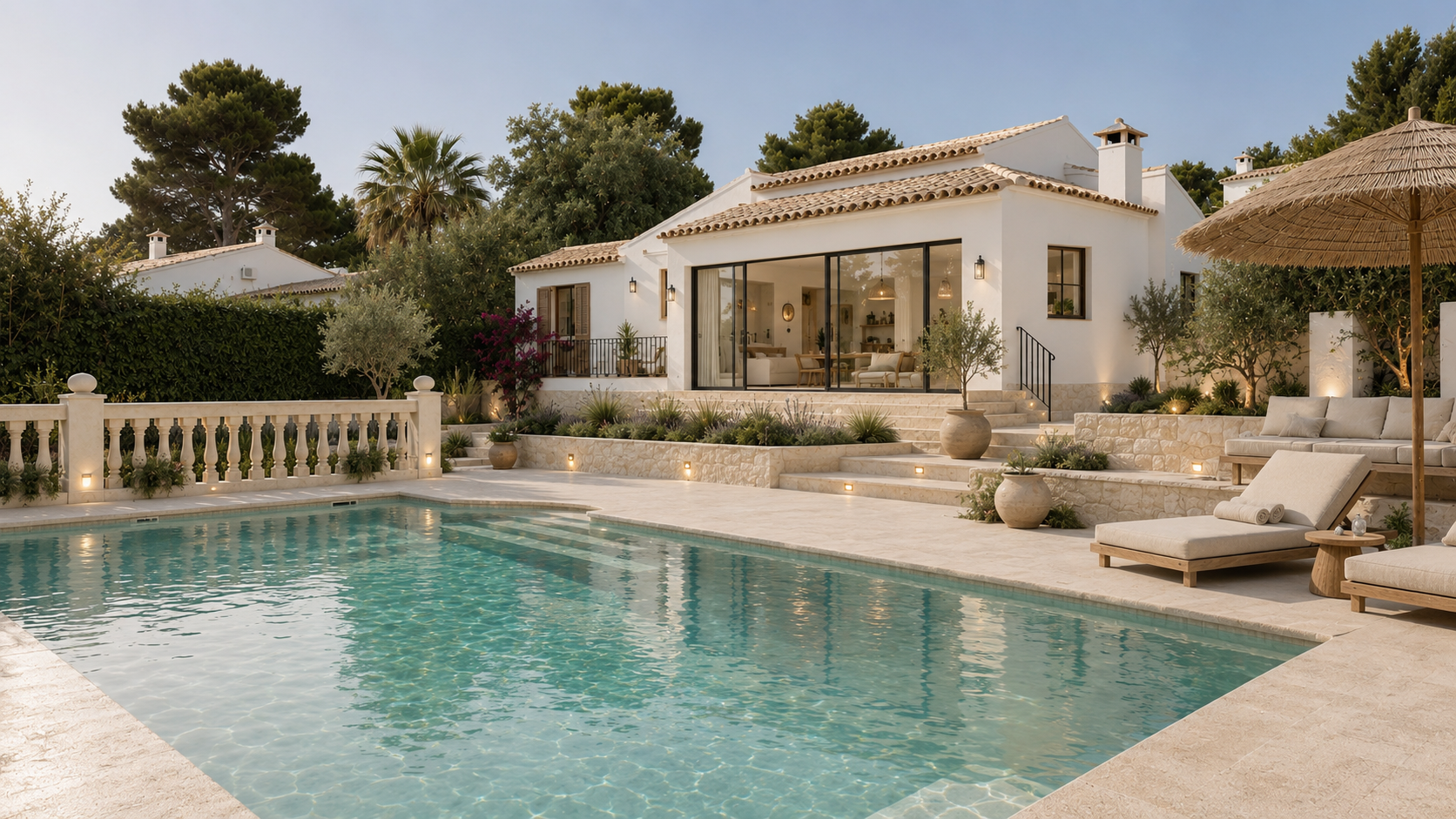 Mediterranean villa exterior featuring a turquoise pool, travertine terrace, dry stone walls, and landscaped garden with olive trees and lavender.