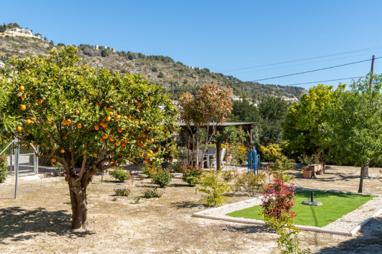 Mediterranean garden featuring a mature orange tree, outdoor dining area under a pergola, and views of the historic windmills on the hillside.