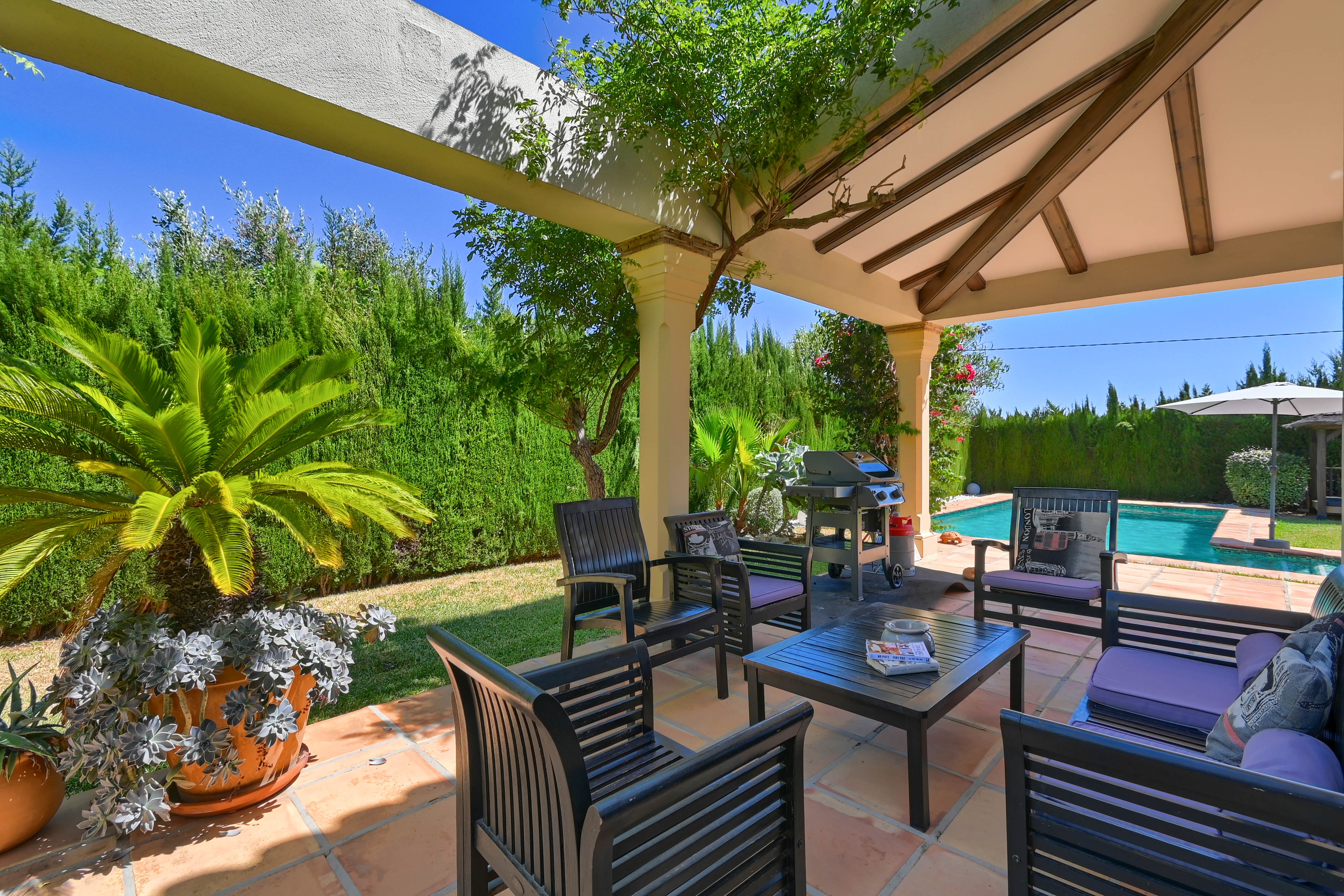 Covered porch with dark wood seating, purple cushions, overlooking the pool and garden.