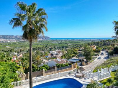 Panoramic view from the pool with palm tree towards Jávea and the Mediterranean Sea.