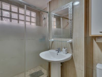 Bathroom detail featuring a glass block shower and pedestal sink.