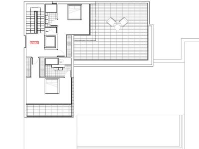 Architectural floor plan of the upper level featuring a terrace, bedrooms and stairs.