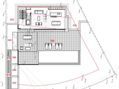 Detailed architectural plan of the villa, showing the layout of interior and exterior spaces.