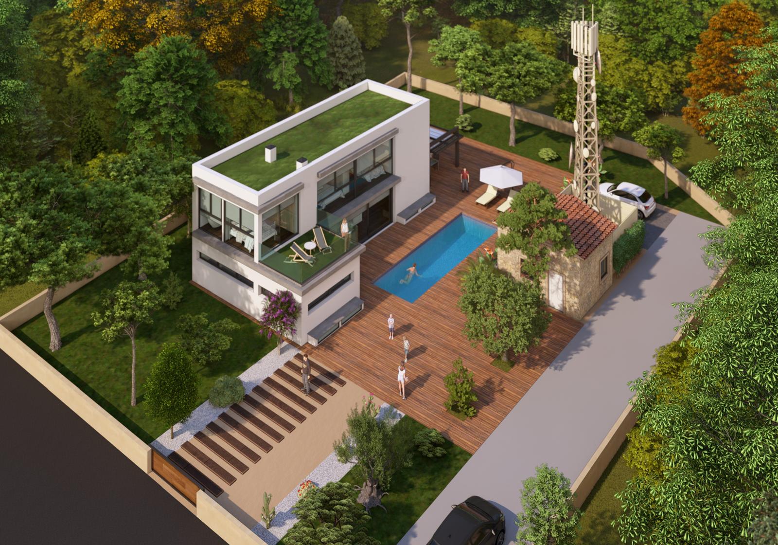 Aerial view of the plot with modern house, pool, and telecommunications tower.