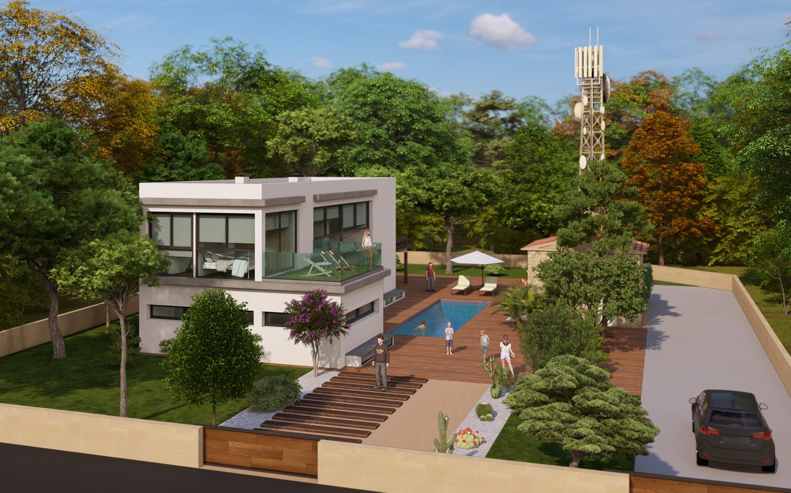 Rendering of a modern two-story house with a pool and lush landscaping.