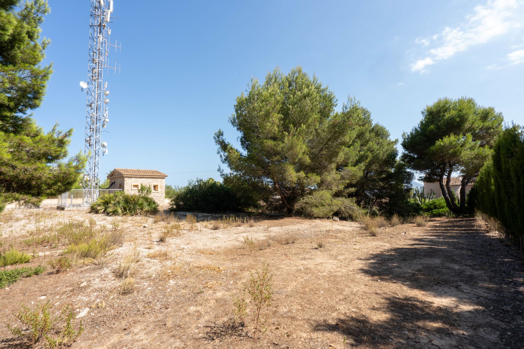 View of the plot with Mediterranean vegetation and a stone building.