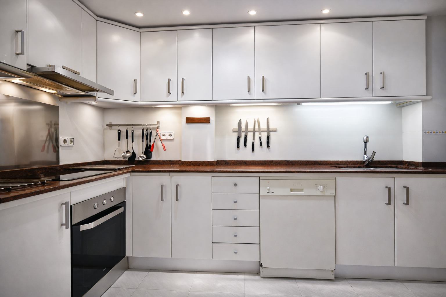 Functional kitchen with granite countertops and white cabinets. Recessed lighting and integrated appliances.