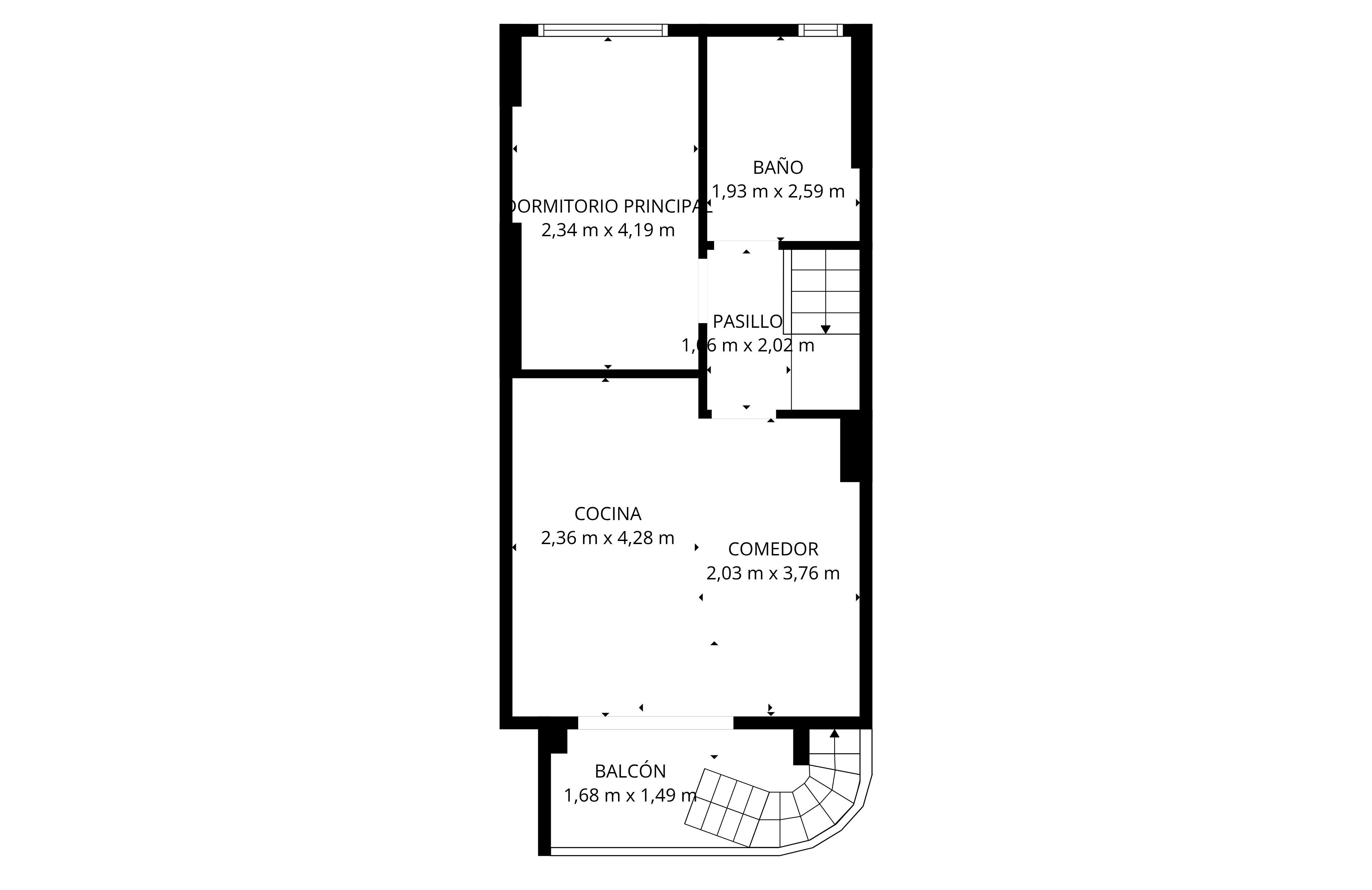 Detailed architectural floor plan showing the layout of a two-story apartment with a balcony.
