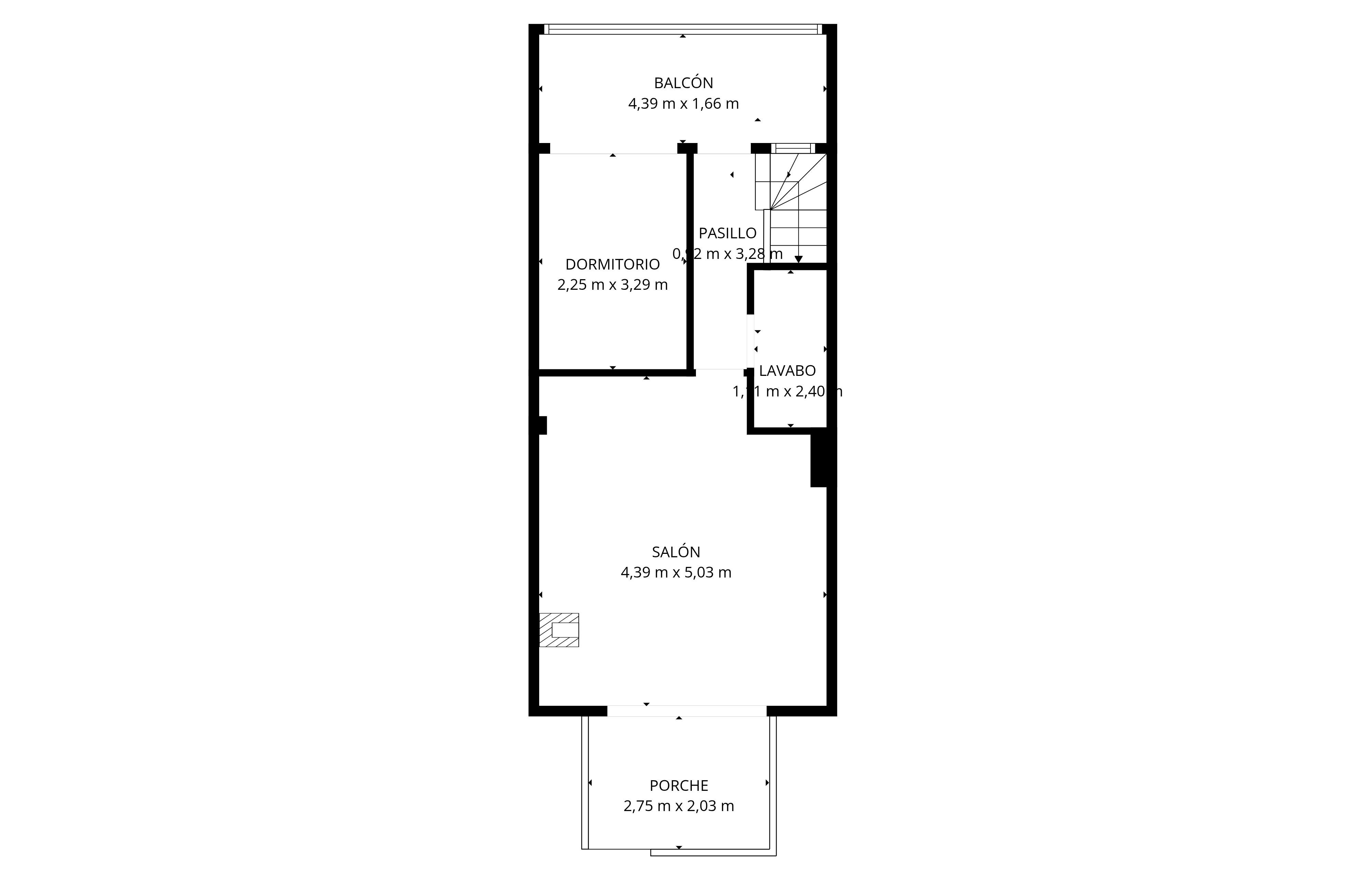 Detailed architectural plan of a two-story house with a balcony, living room, bedroom, and porch.